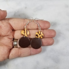 Load image into Gallery viewer, Small Pumpkin and Medium Circle with Brown and Peach Leopard Print Dangle Handmade Earrings
