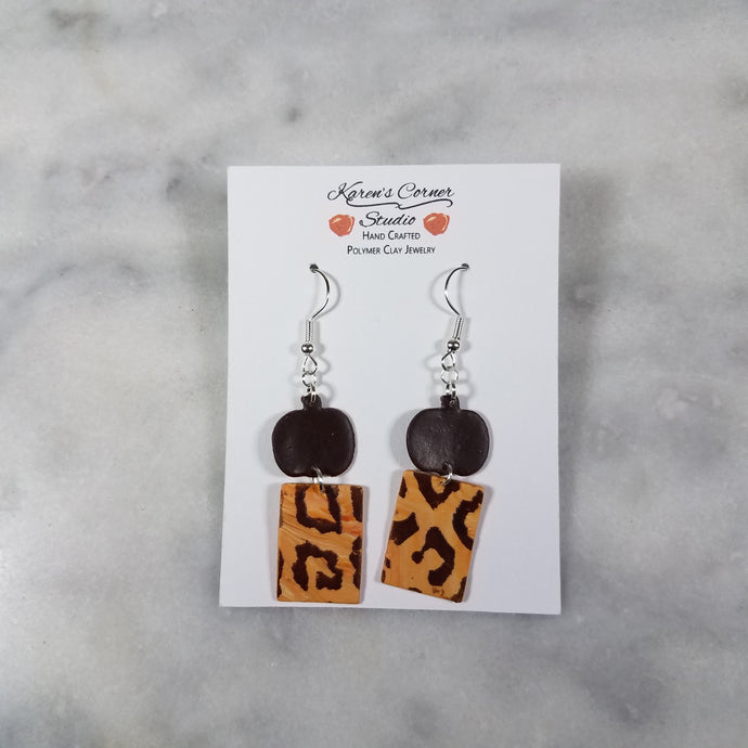 Brown Pumpkin and Peach Rectangle with Brown Leopard Print Dangle Handmade Earrings