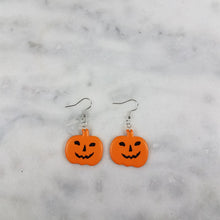 Load image into Gallery viewer, Large Solid Orange Pumpkin with Black Jack-O-Lantern Face Dangle Handmade Earrings
