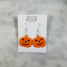 Load image into Gallery viewer, Large Solid Orange Pumpkin with Black Jack-O-Lantern Face Dangle Handmade Earrings
