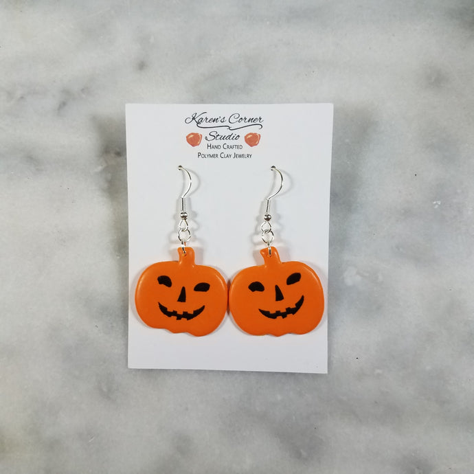 L Solid Orange Pumpkin with Black Jack-O-Lantern Face Dangle Handmade Earrings