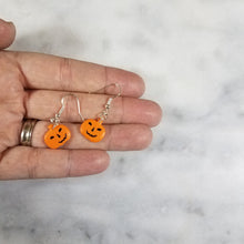 Load image into Gallery viewer, Small Solid Orange Pumpkin with Black Jack-O-Lantern Face Dangle Handmade Earrings
