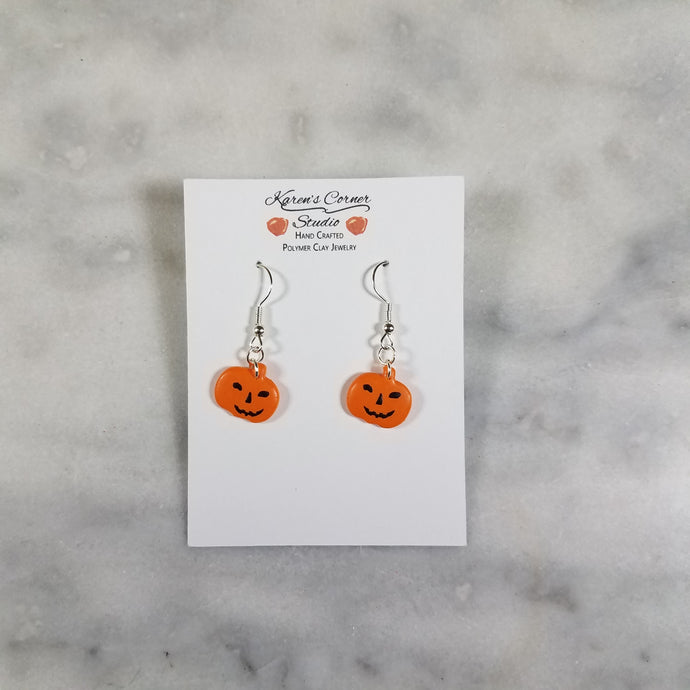 S Solid Orange Pumpkin with Black Jack-O-Lantern Face Dangle Handmade Earrings