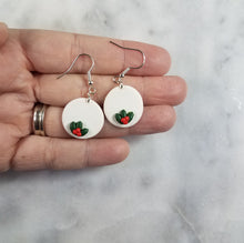 Load image into Gallery viewer, Small Holly Leaf and Solid White Circle Handmade Polymer Clay Dangle Earrings
