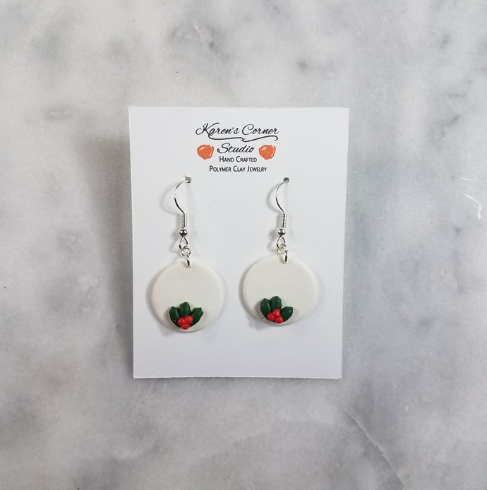 S Holly Leaf and Solid White Circle Handmade Polymer Clay Dangle Handmade Earrings