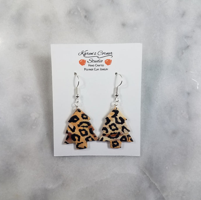 M Leopard Print Christmas Tree Handmade Polymer Clay Dangle Handmade Earrings