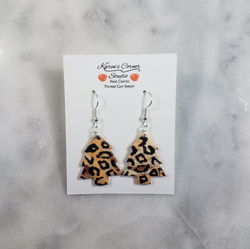 Leopard Print Medium Christmas Tree Handmade Polymer Clay Dangle Earrings
