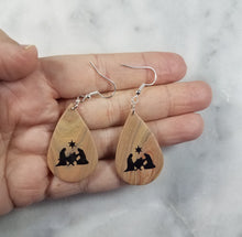 Load image into Gallery viewer, Woodgrain Teardrop with Nativity M Handmade Polymer Clay Statement Dangle Handmade Earrings
