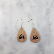 Load image into Gallery viewer, Woodgrain Teardrop with Nativity Medium Handmade Polymer Clay Statement Dangle Earrings

