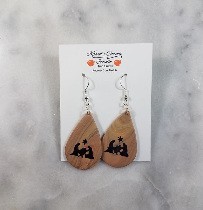 Woodgrain Teardrop with Nativity M Handmade Polymer Clay Statement Dangle Handmade Earrings
