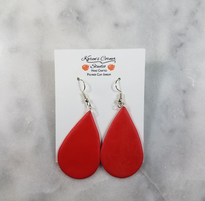 XL Teardrop Solid Red Dangle Handmade Polymer Clay Earrings