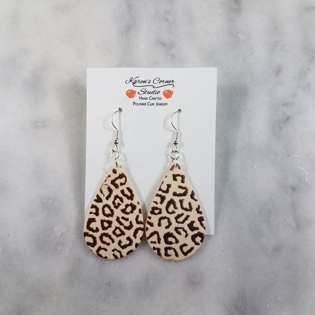 Teardrop Ivory and Brown Leopard Print Dangle Handmade Earrings