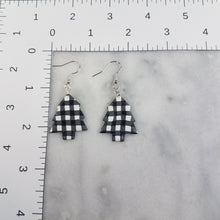 Load image into Gallery viewer, Black and White Buffalo Plaid Medium Christmas Tree Handmade Polymer Clay Dangle Earrings
