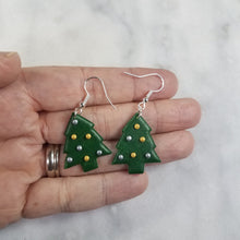 Load image into Gallery viewer, Solid Green With Gold and Silver Decorations M Christmas Tree Handmade Polymer Clay Dangle Handmade Earrings
