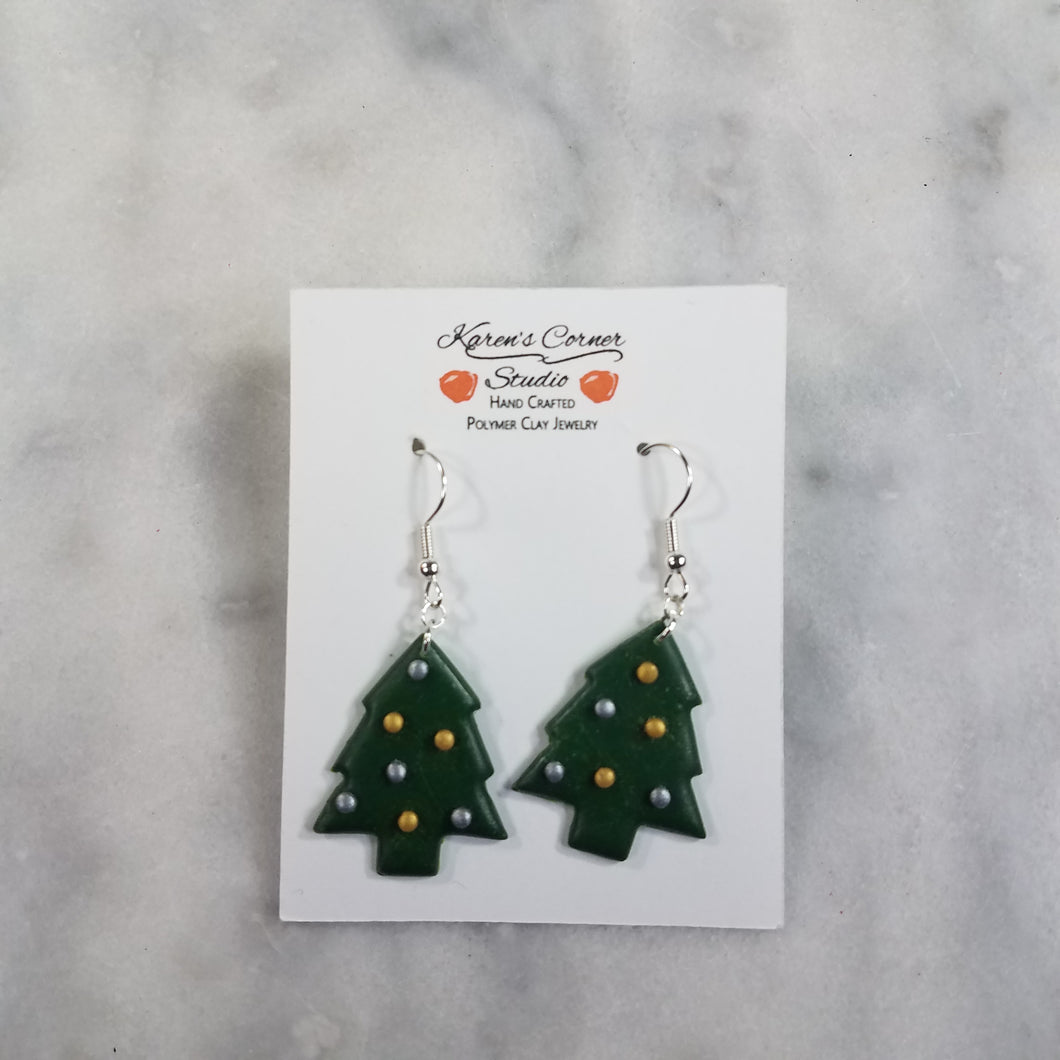 Solid Green With Gold and Silver Decorations M Christmas Tree Handmade Polymer Clay Dangle Handmade Earrings