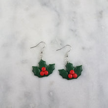 Load image into Gallery viewer, Medium Holly Leaf Handmade Polymer Clay Dangle Earrings
