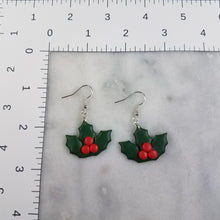 Load image into Gallery viewer, Medium Holly Leaf Handmade Polymer Clay Dangle Earrings
