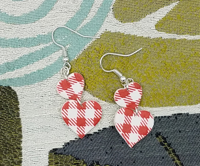 Double Heart SS Buffalo Plaid Red & White Dangle Handmade Earrings