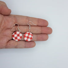 Load image into Gallery viewer, Circle-Shaped White and Red Buffalo Plaid Pattern Handmade Dangle Handmade Earrings
