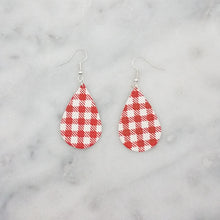 Load image into Gallery viewer, Teardrop SS Buffalo Plaid Pattern White &amp; Red  Handmade Dangle Handmade Earrings
