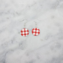 Load image into Gallery viewer, Circle-Shaped White and Red Buffalo Plaid Pattern Handmade Dangle Handmade Earrings
