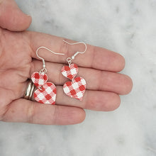Load image into Gallery viewer, Double Heart SS Buffalo Plaid Red &amp; White Dangle Handmade Earrings
