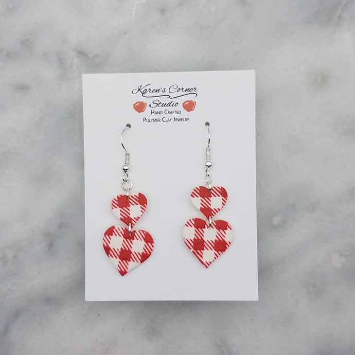 S and L Double Heart-Shaped Red and White Buffalo Plaid Handmade Dangle Handmade Earrings
