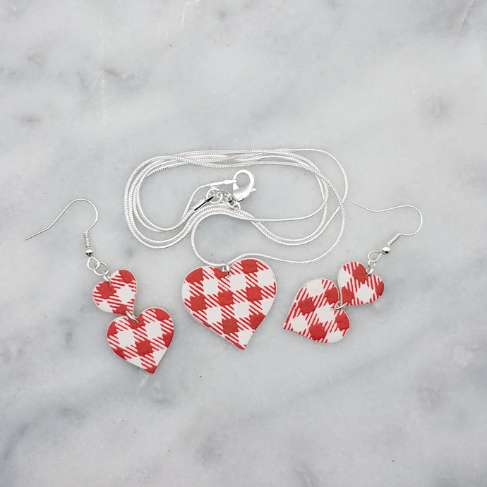 Heart Pendant Necklace Set with S and L Double Heart-Shaped Red and White Buffalo Plaid Pattern Handmade Dangle Handmade Earrings
