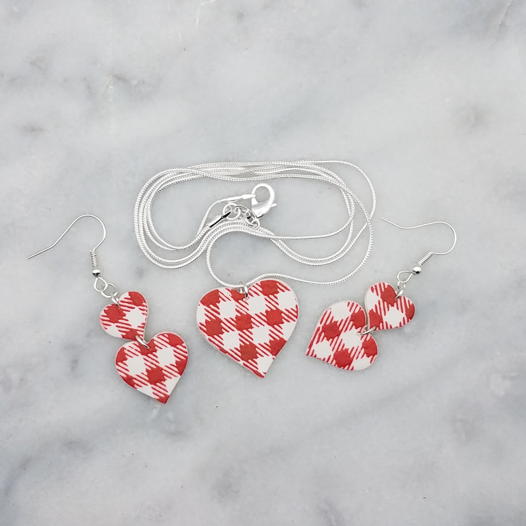 Heart Pendant Necklace Set with Small and Large Double Heart-Shaped Red and White Buffalo Plaid Pattern Handmade Dangle Earrings