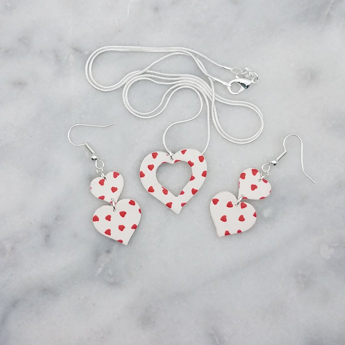 Pendant Open Heart Necklace Set with S and L Double Heart-Shaped Heart Pattern Polka Dot Pattern Handmade Dangle Handmade Earrings