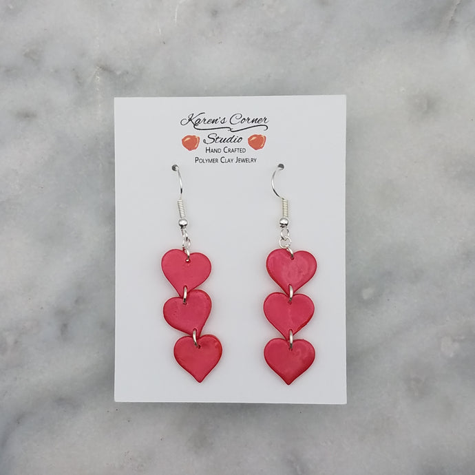 Triple Heart Shaped Shiny Red Handmade Dangle Handmade Earrings
