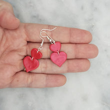 Load image into Gallery viewer, Large and Small Double Heart-Shaped Shiny Red Handmade Dangle Earrings
