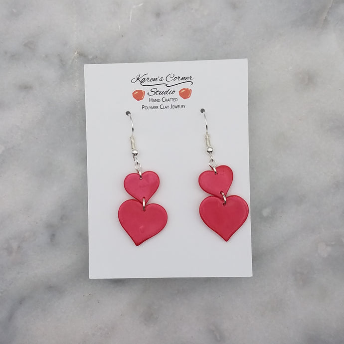 L and S Double Heart-Shaped Shiny Red Handmade Dangle Handmade Earrings