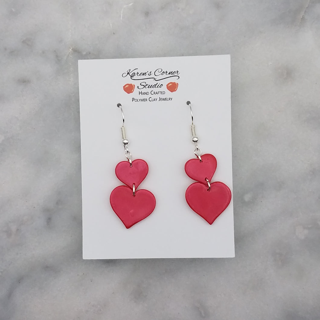Large and Small Double Heart-Shaped Shiny Red Handmade Dangle Earrings