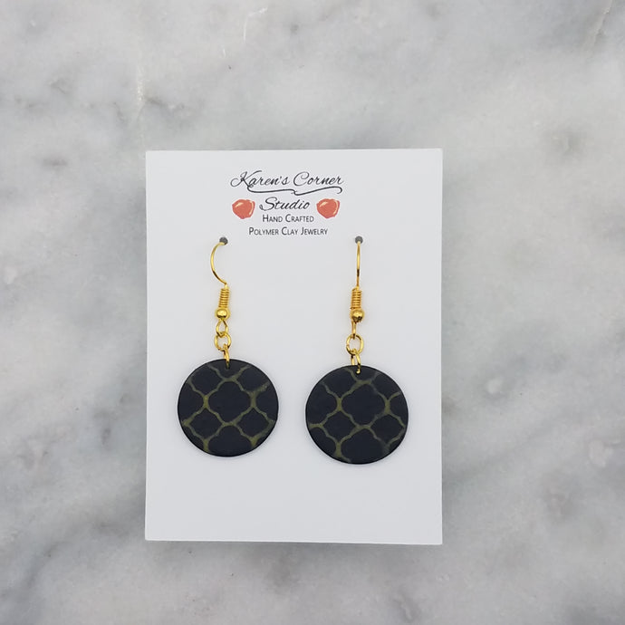 Circle Shaped Black and Gold Abstract Pattern Handmade Dangle Handmade Earrings