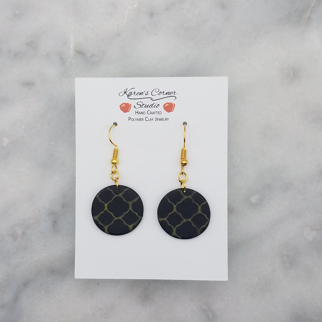 Circle Shaped Black and Gold Abstract Pattern Handmade Dangle Earrings