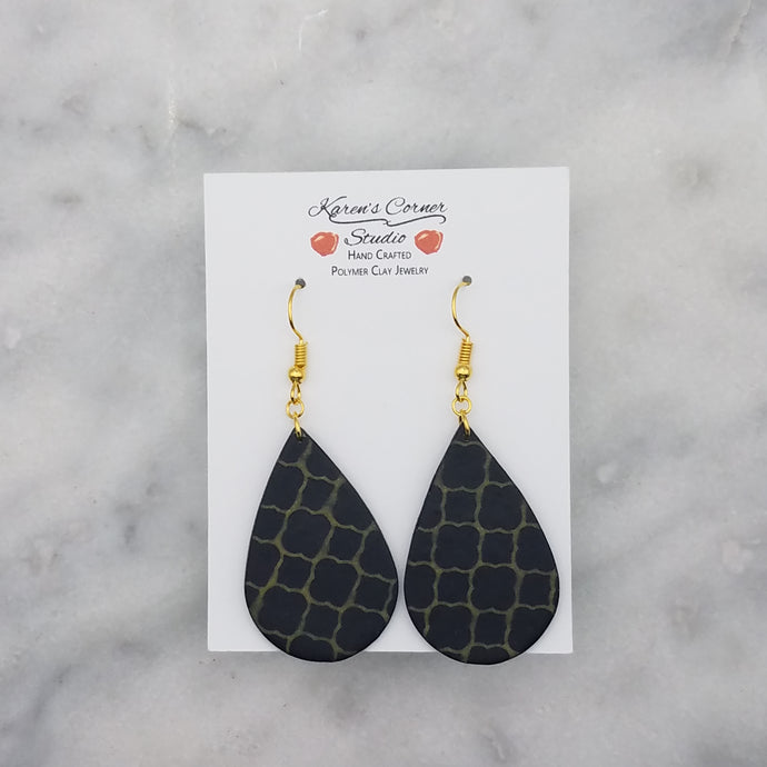 Teardrop Shaped Black and Gold Abstract Handmade Dangle Handmade Earrings