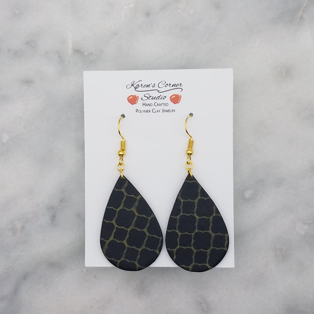 Teardrop Shaped Black and Gold Abstract Handmade Dangle Earrings