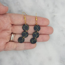 Load image into Gallery viewer, Triple Circle Quatrefoil Pattern Black and Gold Handmade Dangle Earrings
