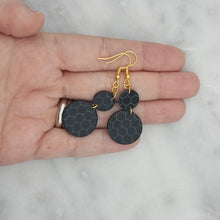 Load image into Gallery viewer, Small and Large Double Circle Shaped Black and Gold Honeycomb Handmade Dangle Earrings
