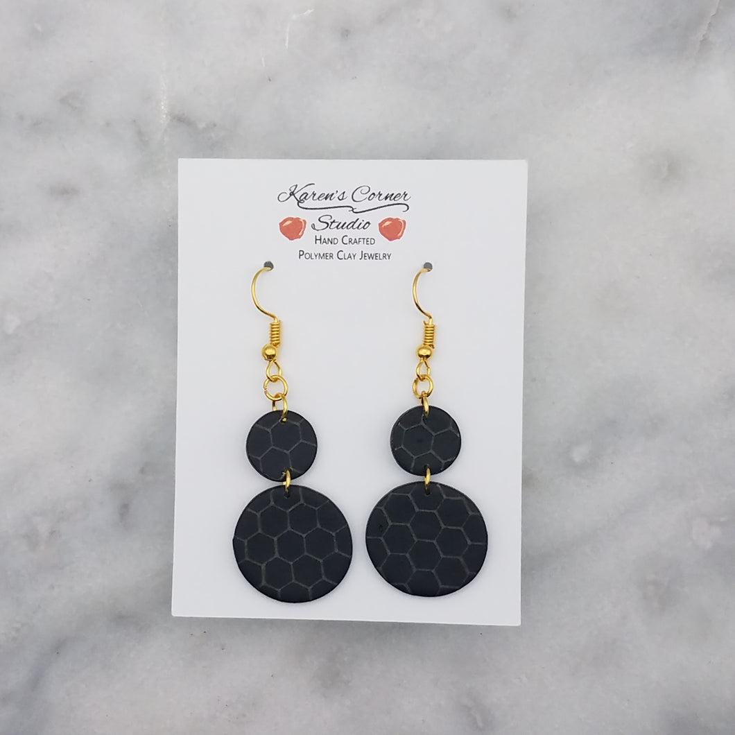Small and Large Double Circle Shaped Black and Gold Honeycomb Handmade Dangle Earrings