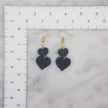 Load image into Gallery viewer, Double Heart Honeycomb Pattern Black &amp; Gold Dangle Handmade Earrings
