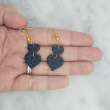 Load image into Gallery viewer, Double Heart Honeycomb Pattern Black &amp; Gold Dangle Handmade Earrings
