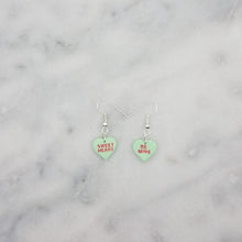 Load image into Gallery viewer, Green Heart Conversation Words Valentine Handmade Dangle Earrings
