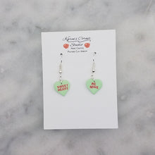 Load image into Gallery viewer, Green Heart Conversation Words Valentine Handmade Dangle Earrings
