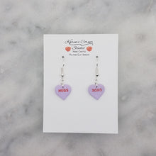 Load image into Gallery viewer, Purple Heart Conversation Words Valentine Handmade Dangle Earrings
