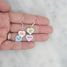 Load image into Gallery viewer, White, Green, Blue and Purple Double Heart Conversation Words Valentine Handmade Dangle Earrings
