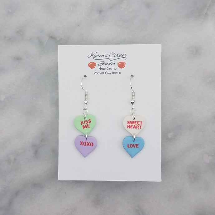 White, Green, Blue and Purple Double Heart Conversation Words Valentine Handmade Dangle Handmade Earrings