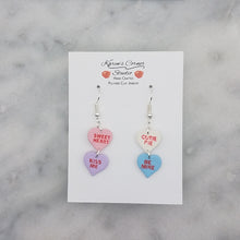 Load image into Gallery viewer, Pink, Purple, White, and Blue Double Heart Conversation Words Valentine Handmade Dangle Earrings
