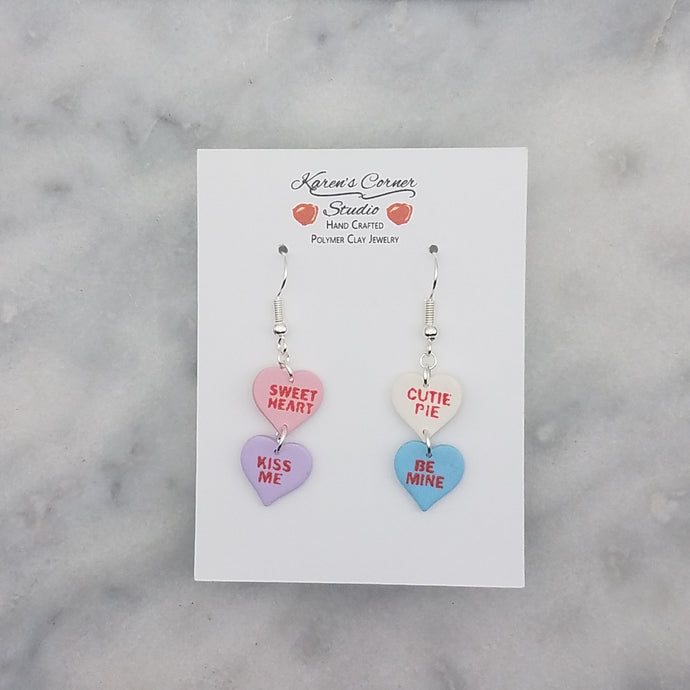 Pink, Purple, White, and Blue Double Heart Conversation Words Valentine Handmade Dangle Handmade Earrings